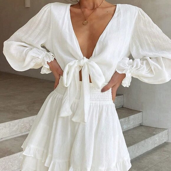 White Casual Womens Surplice Neck Lantern Sleeve Two Layer Hem Belted Dress - Picture 5 of 5